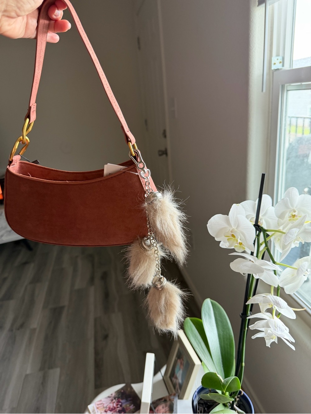 Women’s Suede Shoulder Bag in Rust Pink with Fur Charm
